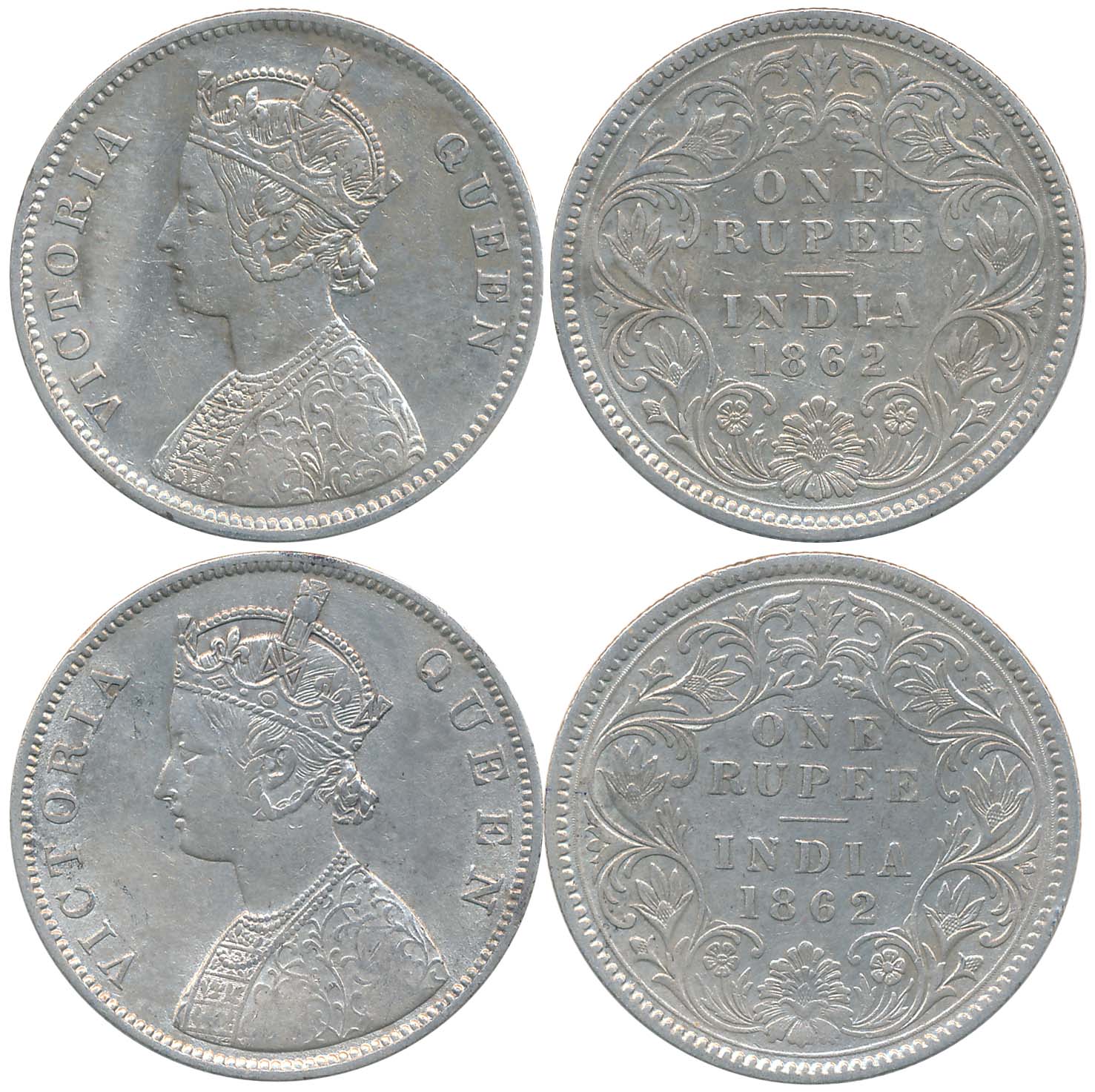 Victoria Queen, Silver Rupees (2), 1862, without dot, V privy mark, Calcutta Mint, A/III, 