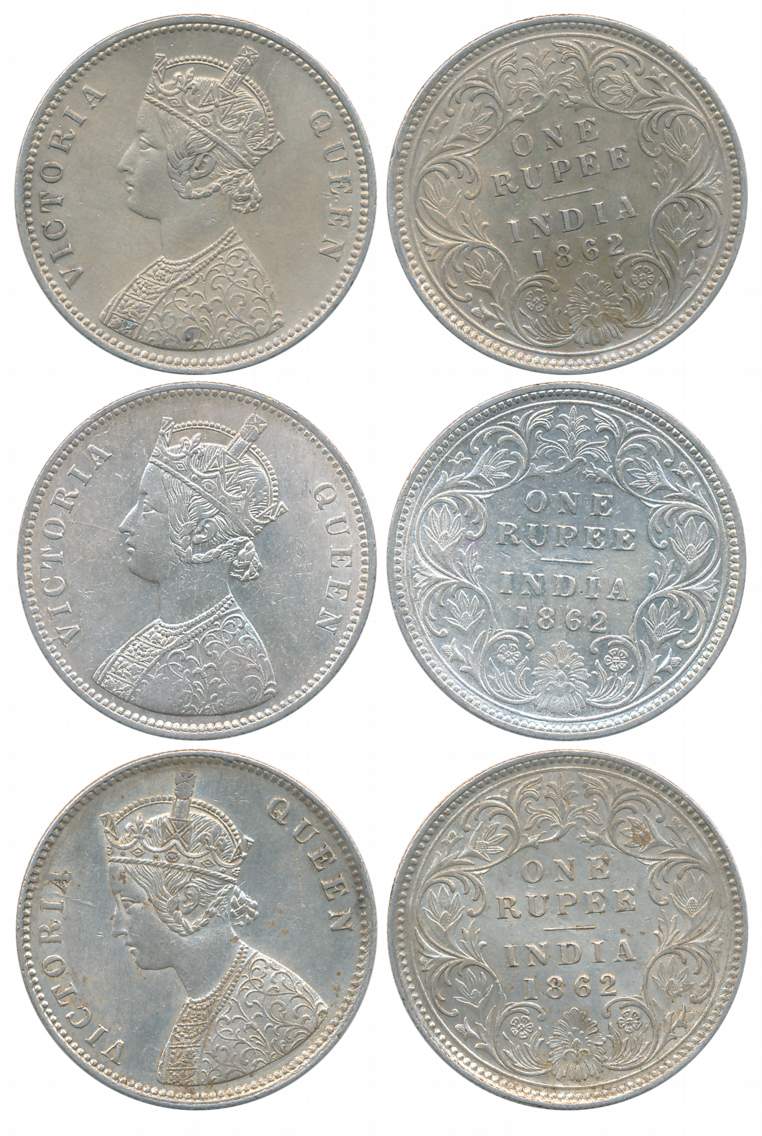 Victoria Queen, Silver Rupees (3), 1862, without dot, A/I, Calcutta Mint, V & J privy mark