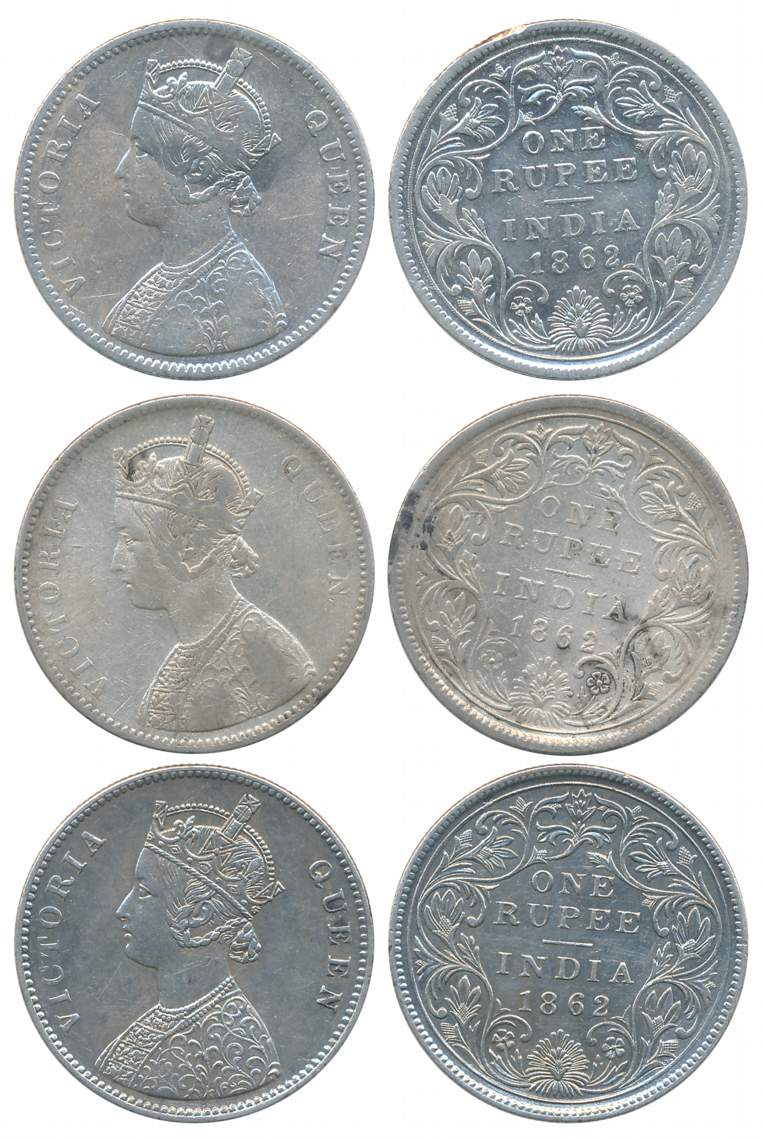 Victoria Queen, Silver Rupees (3), 1862, without dot, A/II, Calcutta Mint, V &amp; crescen