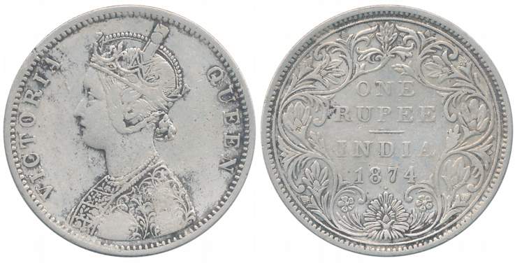 Victoria Queen, Silver Rupee, 1874, Bombay Mint, A2/II dot (Prid# 143). About very fine.