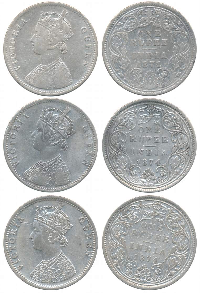 Victoria Queen, Silver Rupees (3), All different varieties, 1874, Calcutta Mint (1), A1/I 