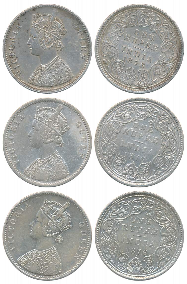 Victoria Queen, Silver Rupees (3), All different varieties, 1876, Calcutta Mint (1), A1/I 