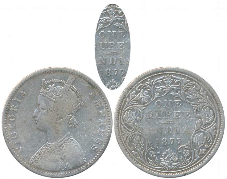Victoria Empress, Silver Rupee, 1877, Bombay Mint, A3/II no mint mark (Prid# 148). About v