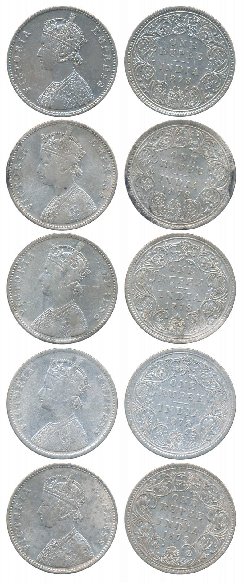 Victoria Empress, Silver Rupees (5), All different varieties, 1878, Calcutta Mint (1), A1/