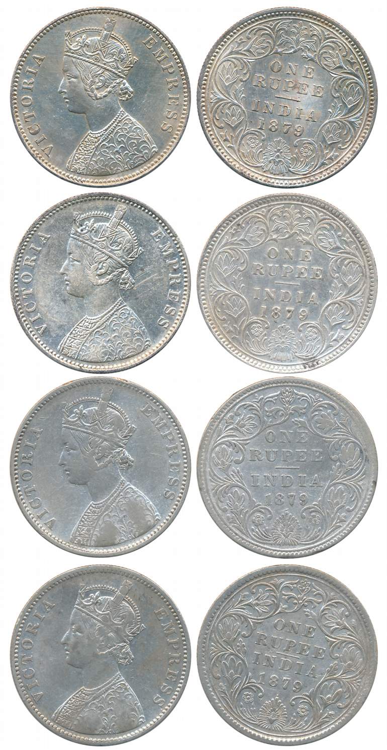 Victoria Empress, Silver Rupees (4), All different varieties, 1879, Calcutta Mint (1), A1/