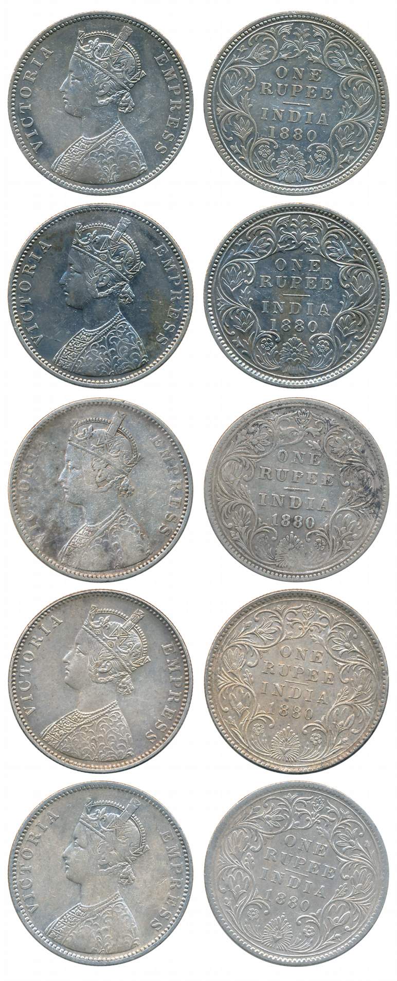 Victoria Empress, Silver Rupees (5), All different varieties, 1880, Calcutta Mint (1), A1/