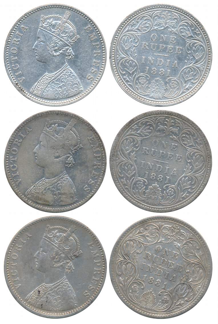 Victoria Empress, Silver Rupees (3), All different varieties, 1881, Calcutta Mint (1), A1/