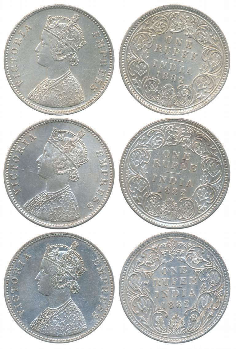 Victoria Empress, Silver Rupees (3), All different varieties, 1882, Calcutta Mint (1), A1/