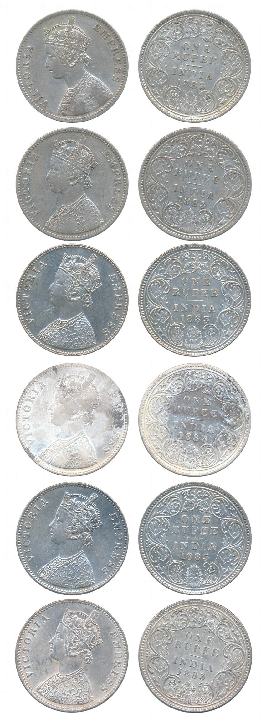 Victoria Empress, Silver Rupees (6), All different varieties, 1883, Calcutta Mint (1), A1/
