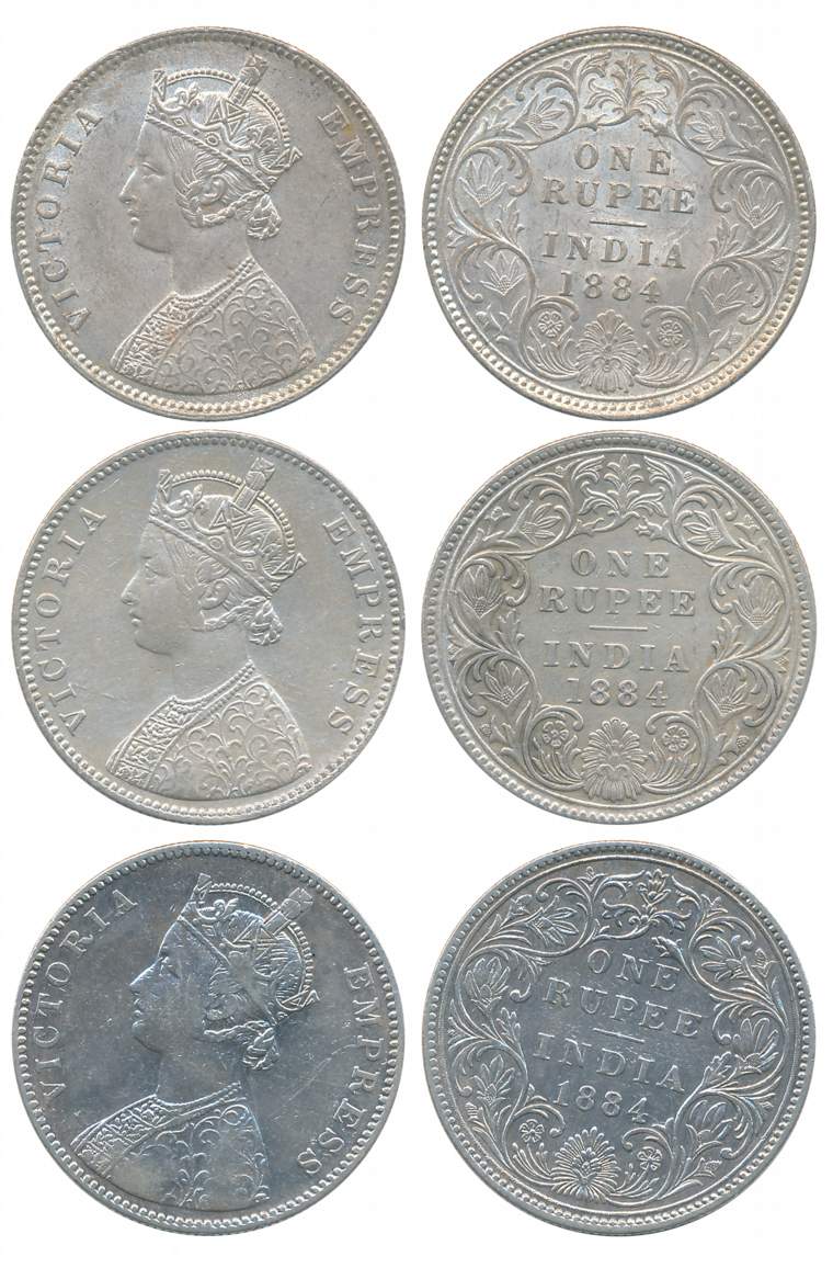 Victoria Empress, Silver Rupees (3), All different varieties, 1884, Calcutta Mint (1), A1/