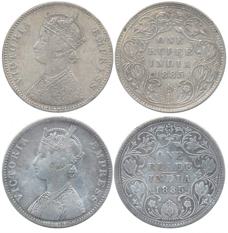 Victoria Empress, Silver Rupees (2), 1885, Bombay Mint, A3/IV B raised, A3/IV B incused (U