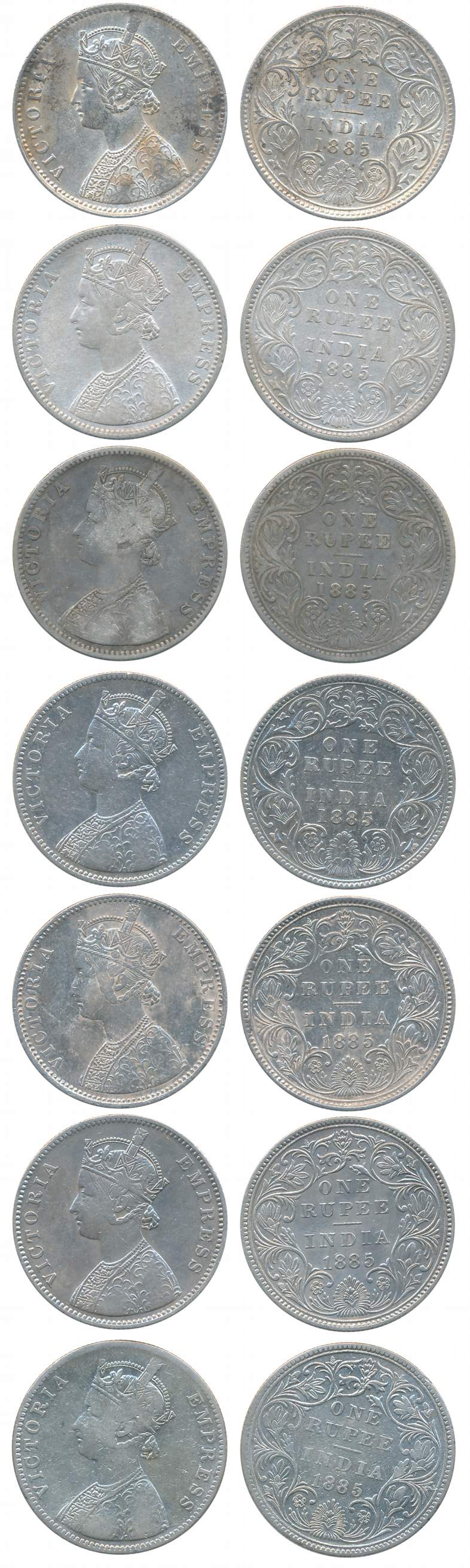 Victoria Empress, Silver Rupees (7), All different varieties, 1885, Calcutta Mint (1), A1/