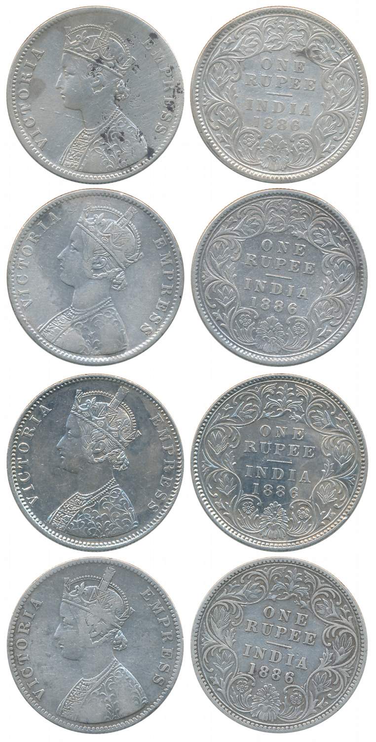 Victoria Empress, Silver Rupees (4), All different varieties, 1886, Calcutta Mint (2), A4/