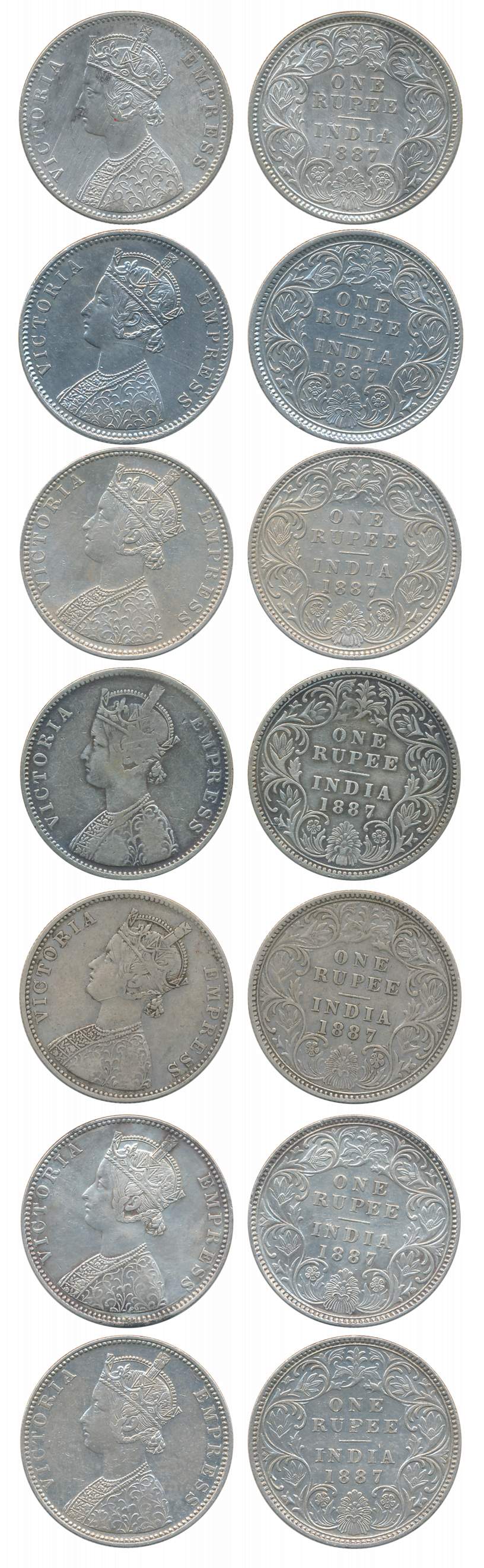 Victoria Empress, Silver Rupees (7), All different varieties, 1887, Calcutta Mint (2), A4/