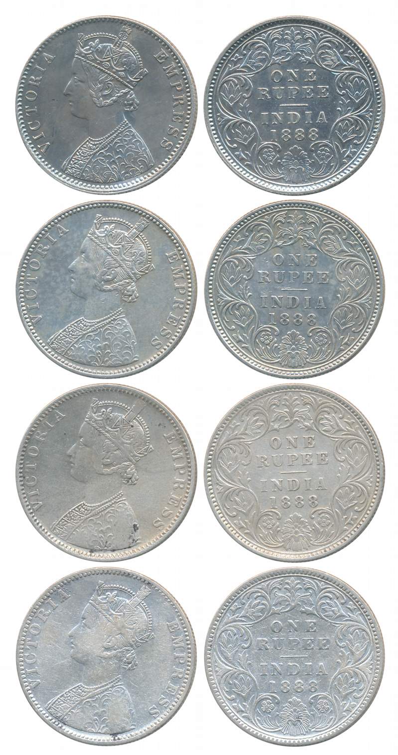 Victoria Empress, Silver Rupees (4), All different varieties, 1888, Calcutta Mint (1), C3/