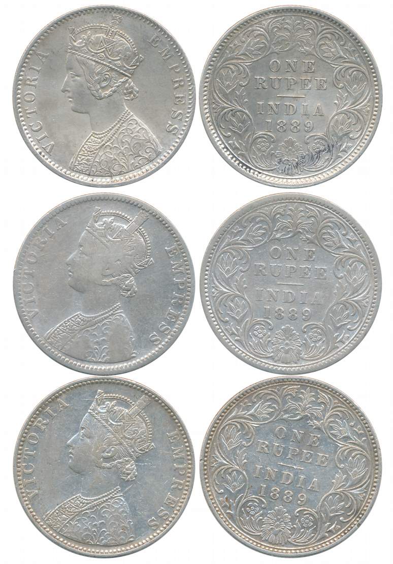 Victoria Empress, Silver Rupees (3), All different varieties, 1889, Calcutta Mint (1), C3/