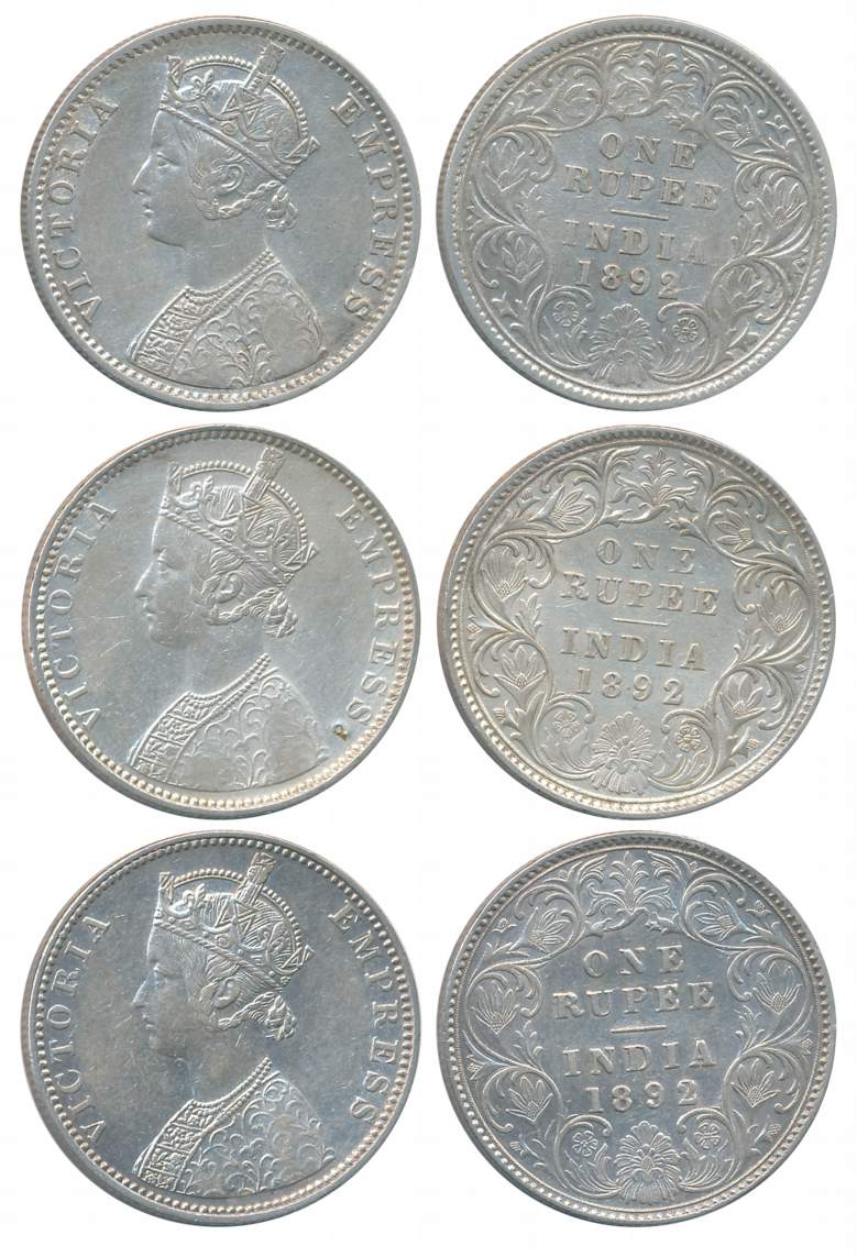 Victoria Empress, Silver Rupees (3), All different varieties, 1892, Calcutta Mint (1), C3/