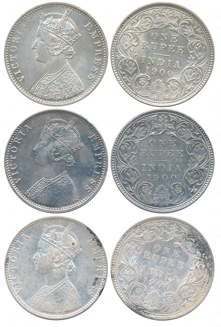 Victoria Empress, Silver Rupees (3), All different varieties, 1900, Calcutta Mint (1), C3/