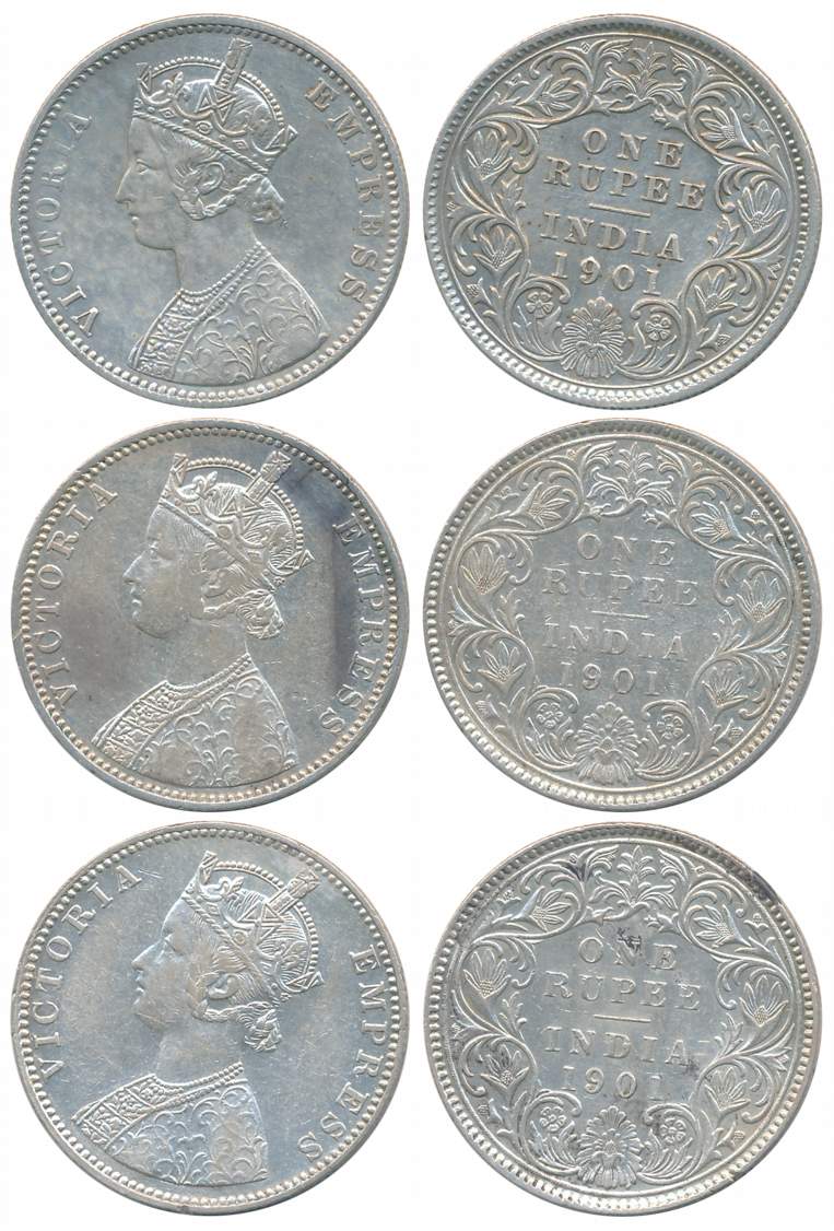 Victoria Empress, Silver Rupees (3), All different varieties, 1901, Calcutta Mint (2), C3/