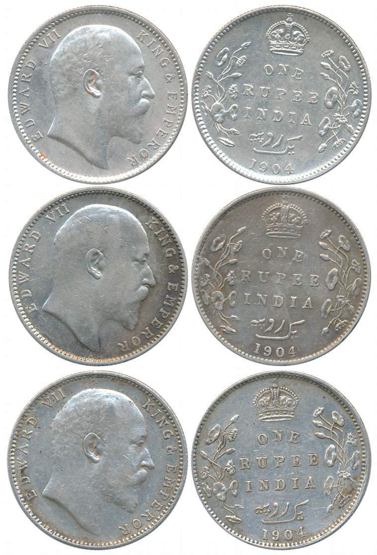 Edward VII, Silver Rupees (3), All different varieties, 1904, Calcutta Mint (1), no mint m