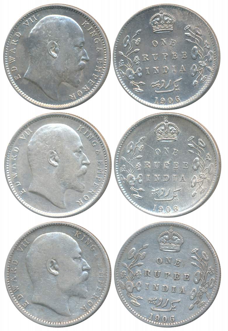 Edward VII, Silver Rupees (3), All different varieties &amp; mint, 1906, Calcutta Mint (2)