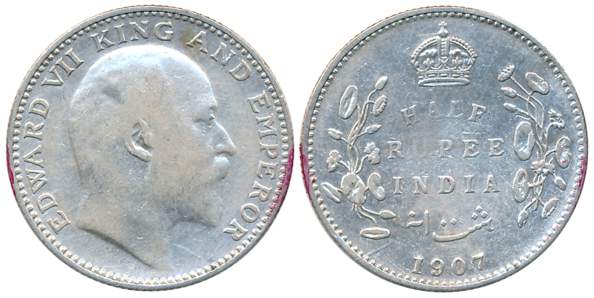 Edward VII, Silver 1/2 Rupee, 1907, Bombay Mint, B incused (Prid# 316). Very fine, scarce.
