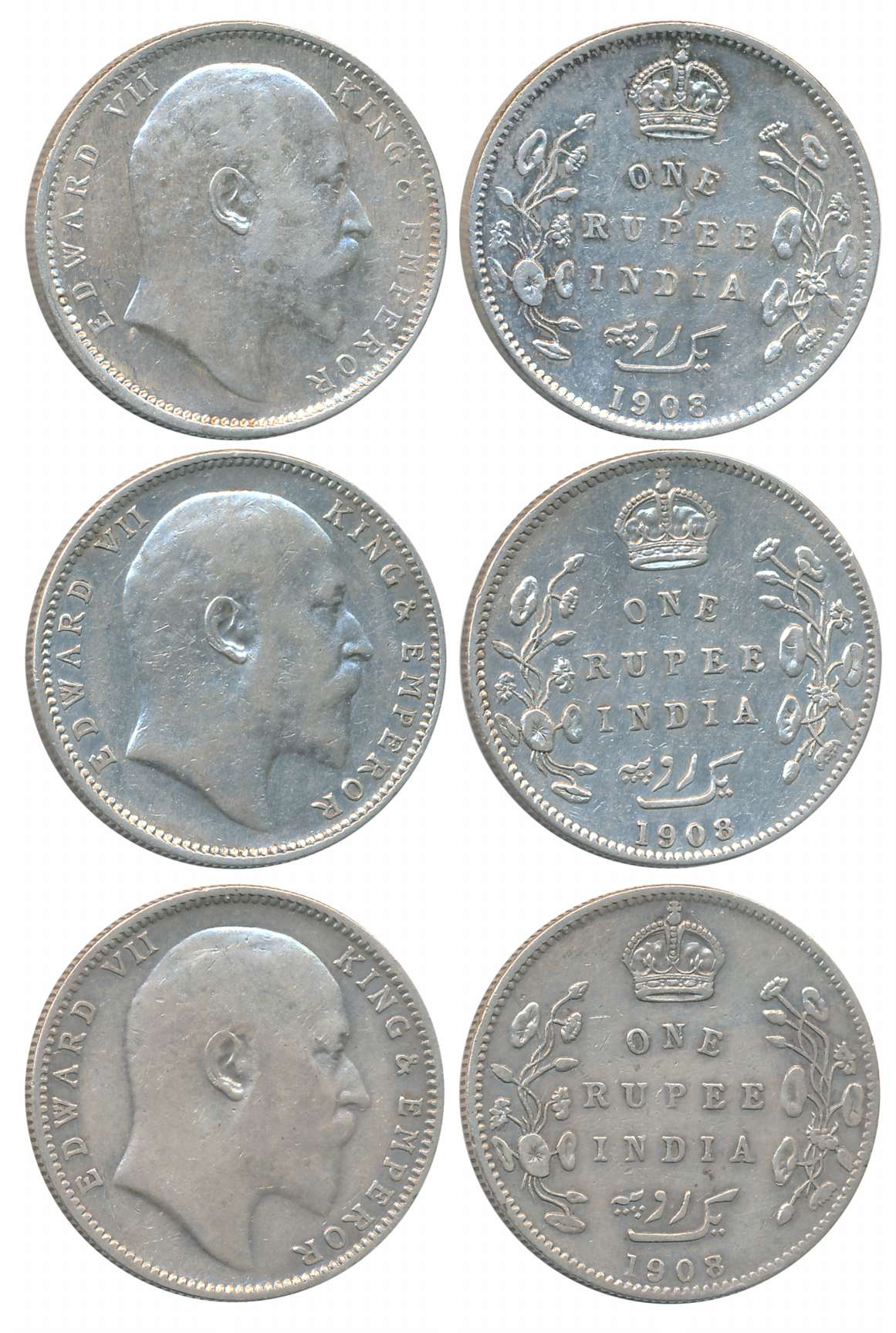 Edward VII, Silver Rupees (3), All different varieties & mint, 1908, Calcutta Mint (1), no