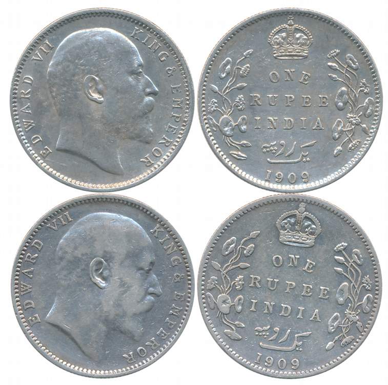 Edward VII, Silver Rupees (2), Both different varieties & mint, 1909, Calcutta Mint, no mi