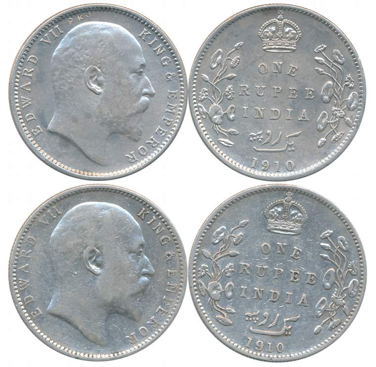 Edward VII, Silver Rupees (2), Both different varieties & mint, 1910, Calcutta Mint, no mi