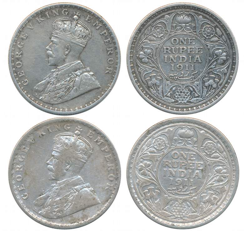 George V, Silver Rupees (2), Both different mint, 1911, Calcutta Mint, no mint mark (Prid#