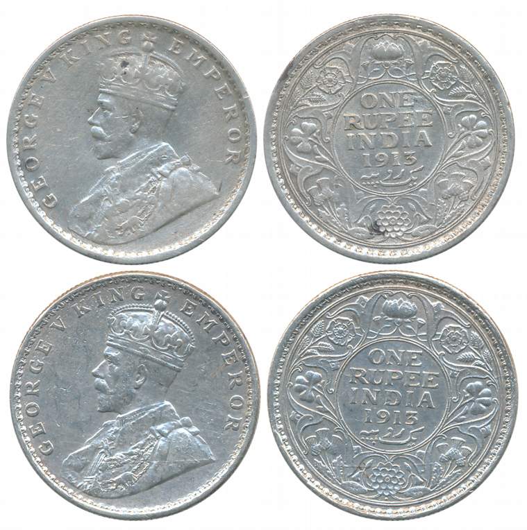 George V, Silver Rupees (2), Both different mint, 1913, Calcutta Mint, no mint mark (Prid#