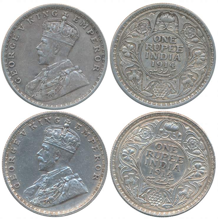 George V, Silver Rupees (2), Both different varieties, 1914, Calcutta Mint, no mint mark (