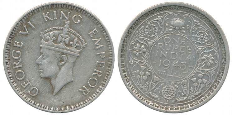 George VI, Silver Rupee, 1943, (A/II) Bombay Mint diamond large head & large 3 star like l