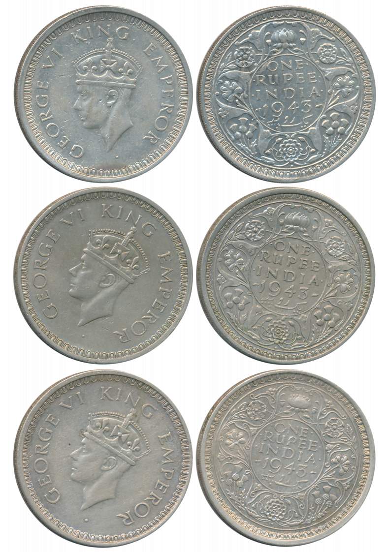 George VI, Silver Rupees (3), All different varieties, Bombay Mint, 1943, (B/I) diamond sm