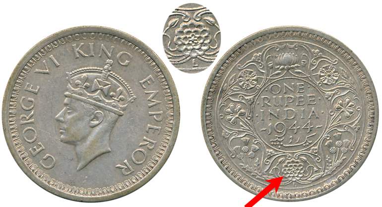 George VI, Silver Rupee, 1944, Lahore Mint, (D/II) Star like Lotus on reverse. Extremely f