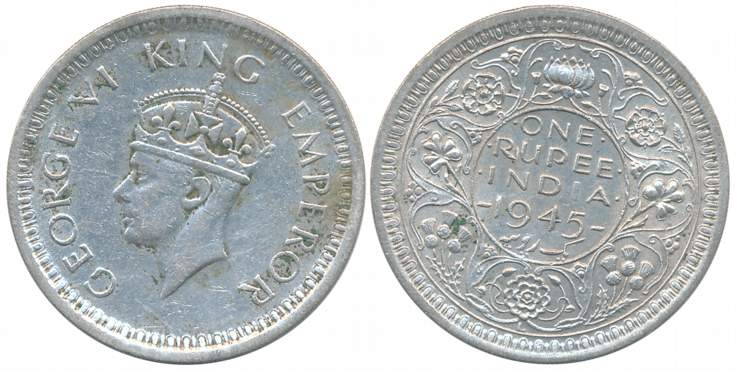 George VI, Silver Rupee, 1945, Lahore Mint, (D/I) L large 5. About extremely fine.