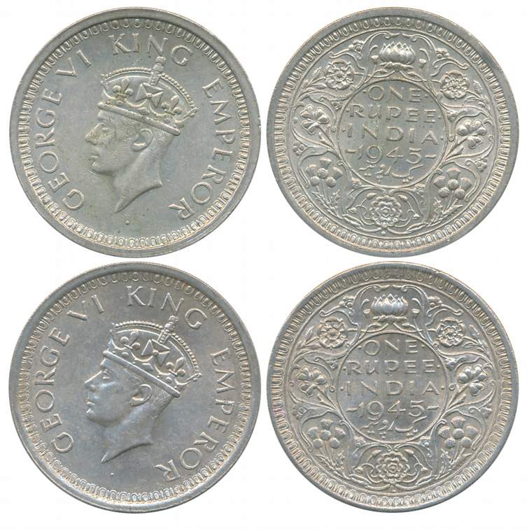 George VI, Silver Rupees (2), 1945, Bombay Mint, (D/I) bead, & (D/I) L Lahore Mint san ser