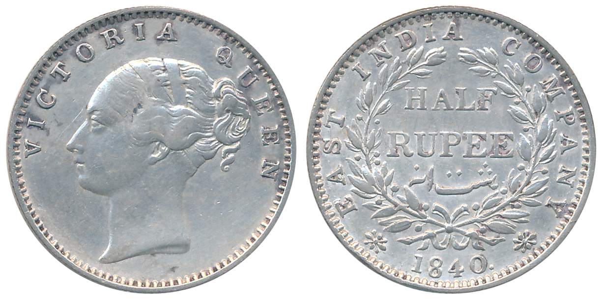 Victoria Queen, Silver 1/2 Rupee, 1840, Madras Mint, Continuous legend, English head, no i