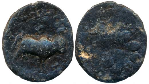 Satavahanas, Kausikiputra Satakarni, Copper, 4.54g, Obv: Bull walking to right, Rev: Tree 