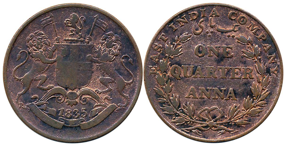 William IIII, Copper 1/4 Anna, 1835, Bombay Mint, numeral 1 with slanting top, 15 L + 15 R