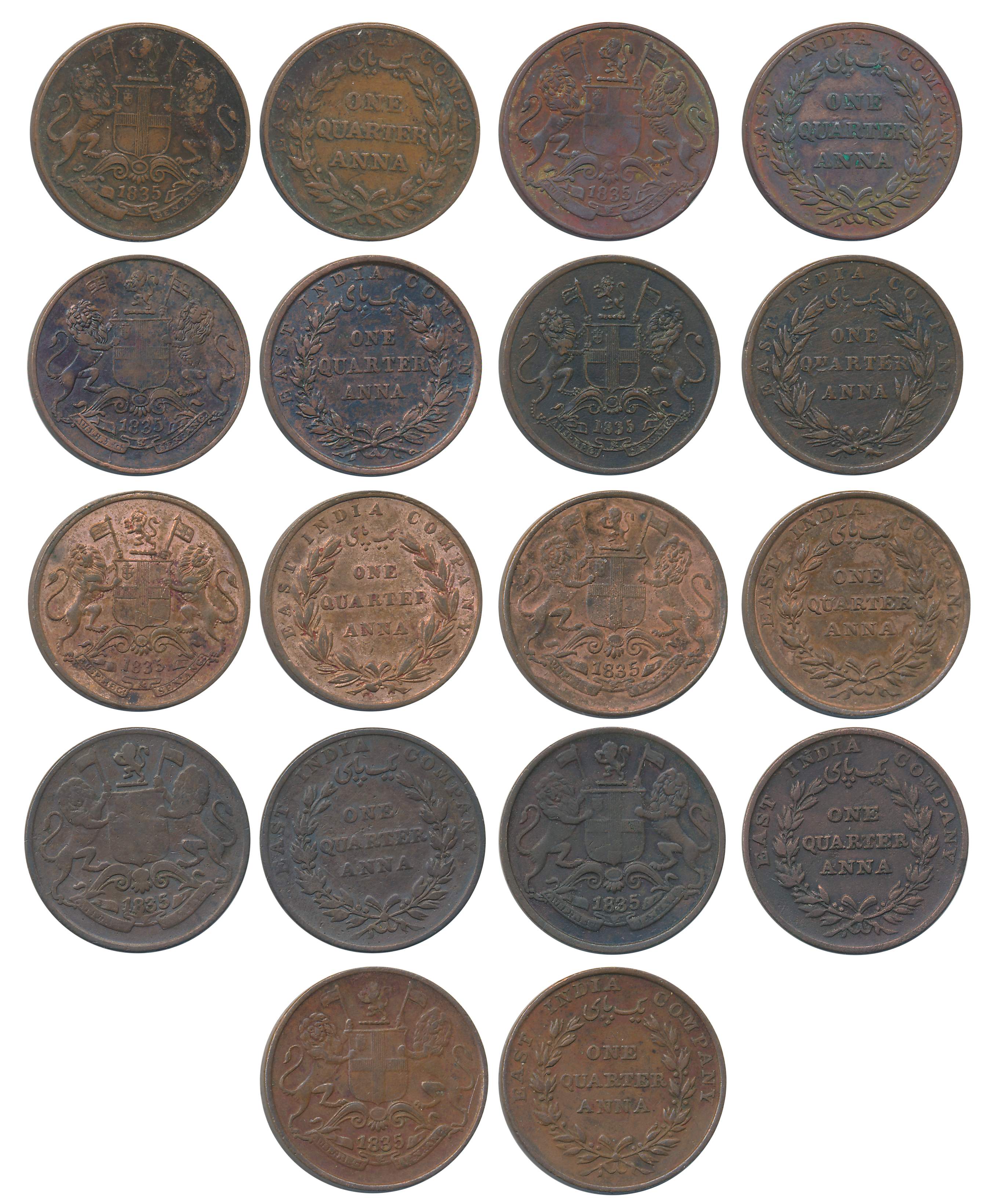 William IIII, Copper 1/4 Anna (9), 1835, All different varieties, Madras Mint, numeral 1 w