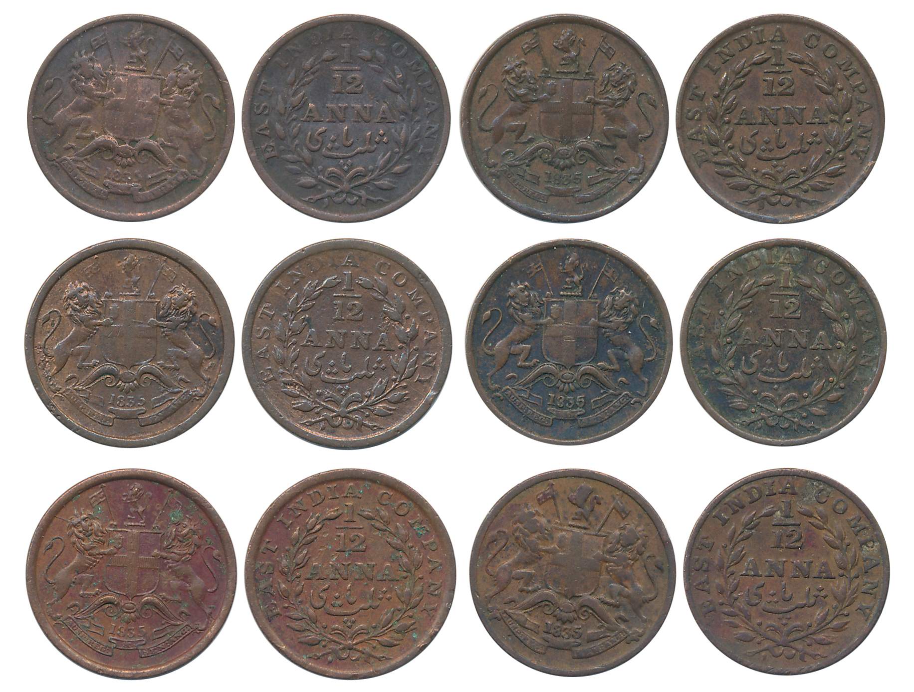 East India Company, Uniform Coinage, Copper 1/12 Anna (6), 1835, All different varieties, 