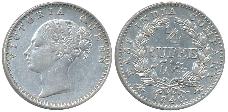 Victoria Queen, Silver 1/4 Rupee, 1840, Continuous Legend, Calcutta Mint, Indian Head, no 