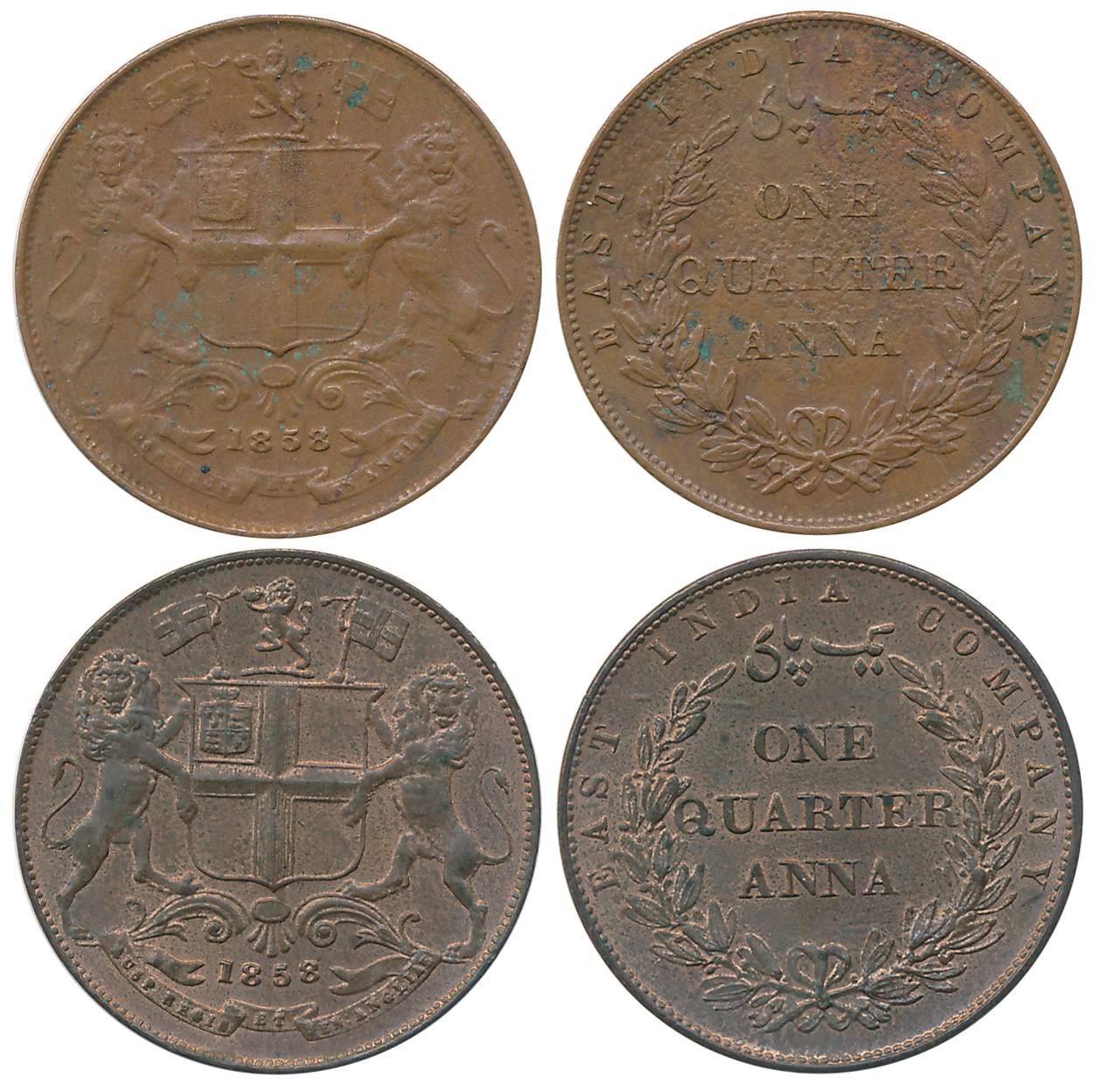 East India Company, Uniform Coinage, Copper 1/4 Anna (2), 1858, double leaves in wreath ti
