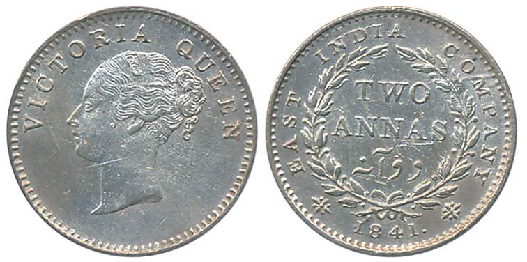 Victoria Queen, Silver 2 Anna, 1841, Continuous Legend, Calcutta Mint, no initial, a lock 