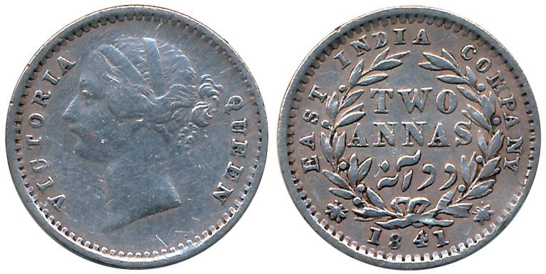 Victoria Queen, Silver 2 Anna, 1841, Divided Legend, Bombay Mint, W. W raised, 9 berry, da