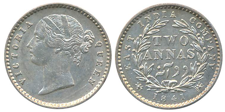 Victoria Queen, Silver 2 Anna, 1841, Divided Legend, Calcutta Mint, W. W. raised, 9 berry,