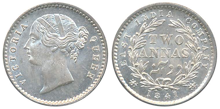 Victoria Queen, Silver 2 Anna, 1841, Divided Legend, Calcutta Mint, W. W. raised, 9 berry,