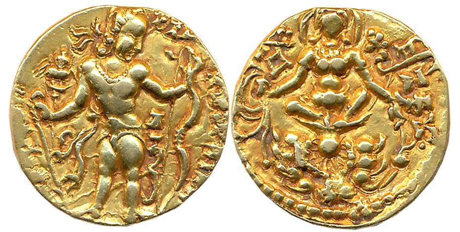 Guptas, Chandra Gupta II, Gold Dinar, 7.86g, “Archer” type, Obv: King standing facing righ