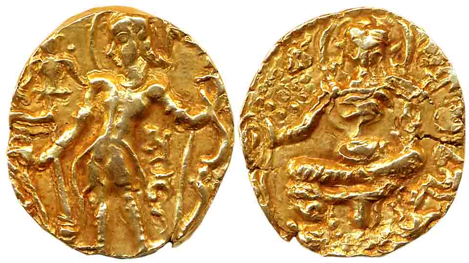 Guptas, Skanda Gupta, Gold Dinar, 9.11g, “Archer- Sankhanidhi” type, Obv: Nimbate figure o